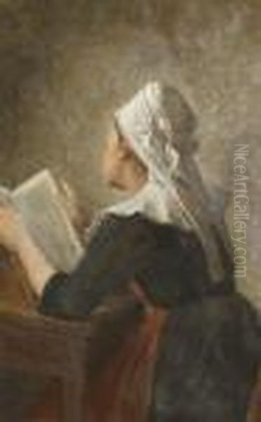 American, - Breton Woman Reading,1889 Oil Painting by Enoch Wood Perry