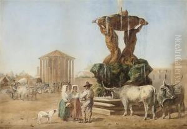 The Livestock Market By The Temple Of Vesta, Rome Oil Painting by H. Perry