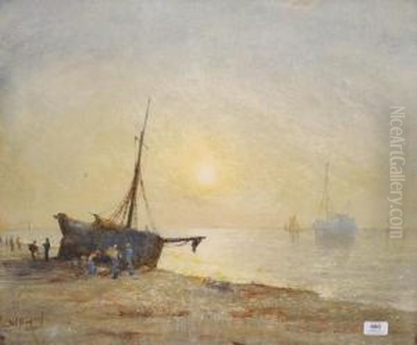 Beach Scene At Low Tide With Figures Unloading Fishing Boats Oil Painting by William Perry