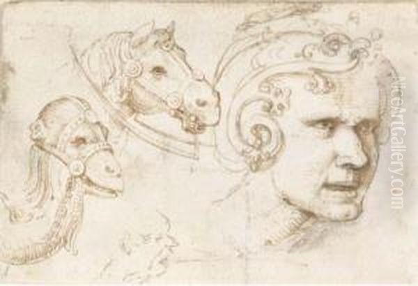 The Head Of A Man Wearing An Elaborate Helmet, Another Head Inprofile And The Heads Of A Camel And A Horse Oil Painting by Baldassare Peruzzi