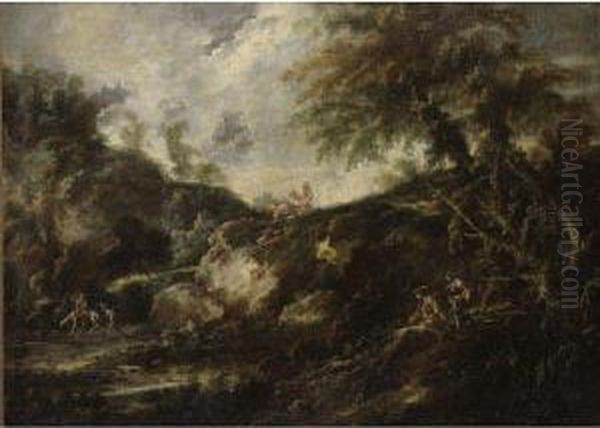 Figures In A Wooded Landscape Oil Painting by Giovanni Peruzzini