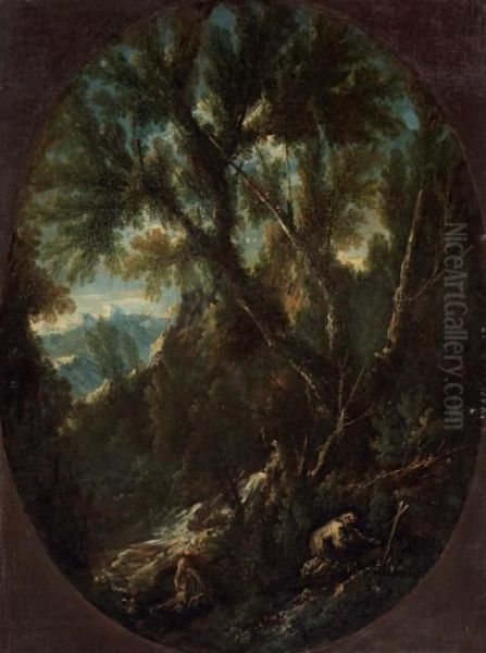 Paesaggio Con Monaci Oil Painting by Antonio Francesco Peruzzini