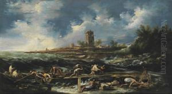 Castaways Landing On The Beach After The Storm Oil Painting by Antonio Francesco Peruzzini