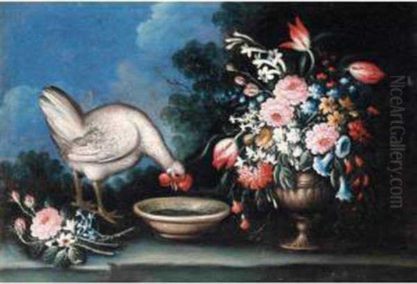 Still Life Of A Chicken Drinking From A Bowl, And A Bouquet Of Flowers In An Urn, Together In A Landscape Oil Painting by Giuseppe Pesci