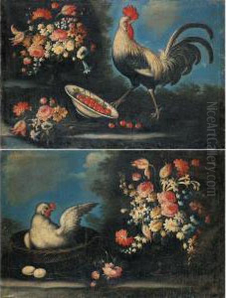 Un Gallo , Cigliegie E Fiori In Un Paesaggio; Una Chioccia E Fiori In Un Paesaggio Oil Painting by Giuseppe Pesci