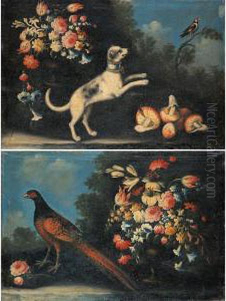 Fagiano E Fiori In Un Paesaggio; Cagnolino, Funghi E Fiori In Un Paesaggio Oil Painting by Giuseppe Pesci