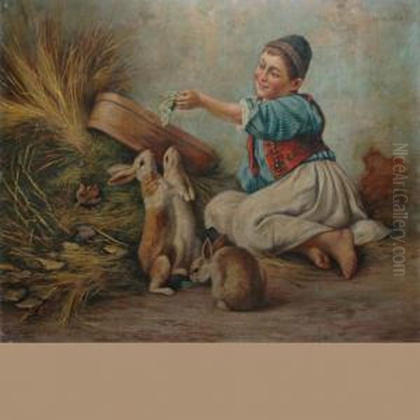 Feeding Rabbits Oil Painting by Geza Peske