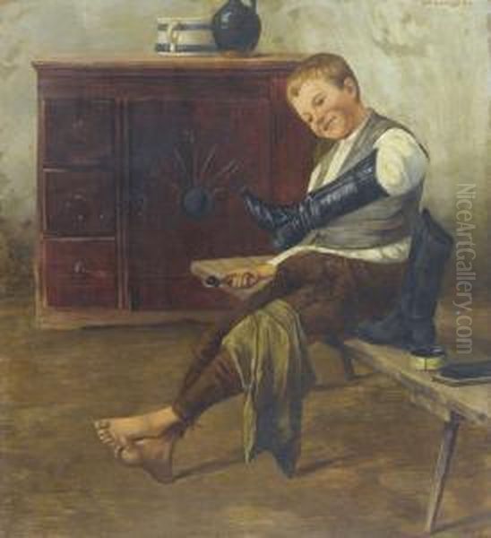 Interieur Mit Knabe Beim Schuhe Putzen Oil Painting by Geza Peske