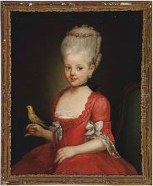 Portrait Of A Girl Wearing A Red Dress Holding A Yellow Canary Oil Painting by Antoine Pesne