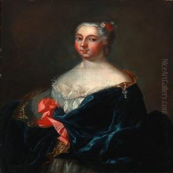 Portrait Of A Noble Woman In A White Dress With Blue Velvet Robe Oil Painting by Antoine Pesne