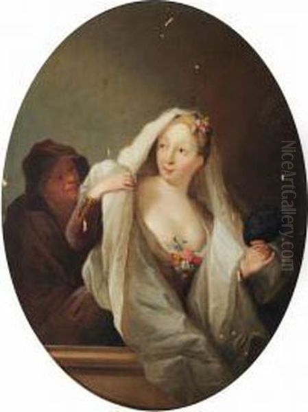 Pesne A Lady At Her Toilet With A Servant Oil Painting by Antoine Pesne