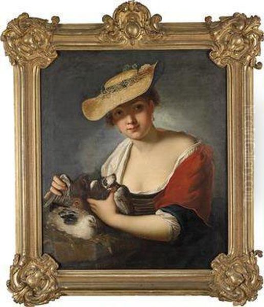 Portrait Of A Young Lady With Pigeons And Chickens Oil Painting by Antoine Pesne