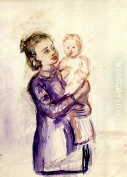 Portrait Of The Artist's Daughterholding An Infant Oil Painting by Vera Efimovna Pestel