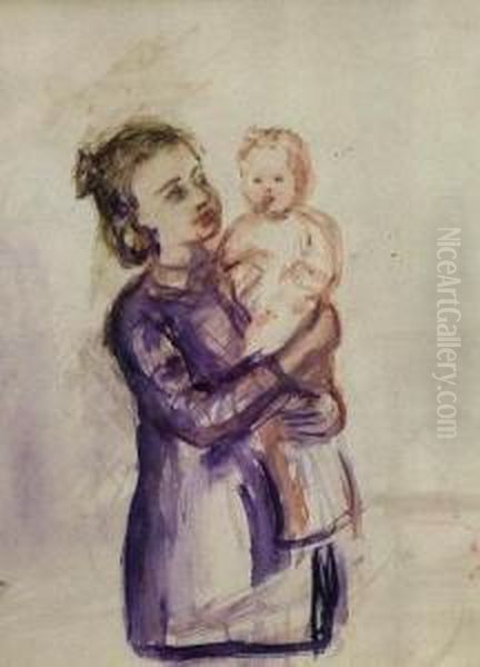 Portrait Of The Artist's Daughter Holding Aninfant Oil Painting by Vera Efimovna Pestel