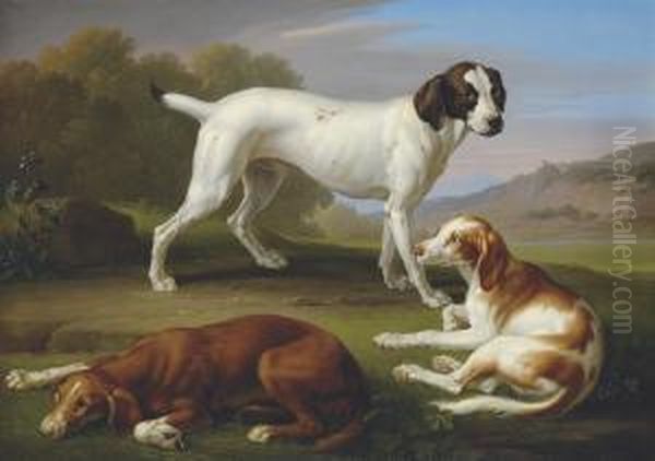 A Pointer And Two Setters In A Classical Landscape Oil Painting by Wenceslaus Peter