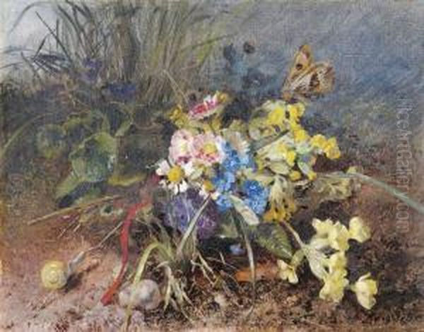 Stilleben Am Feldrand Mit Bunten Blumen, Schnecken Und Schmetterling Oil Painting by Anna Peters