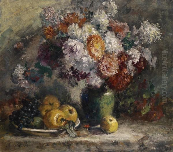 Still Life With Flowers And Bowl Of Fruit Oil Painting by Anna Peters