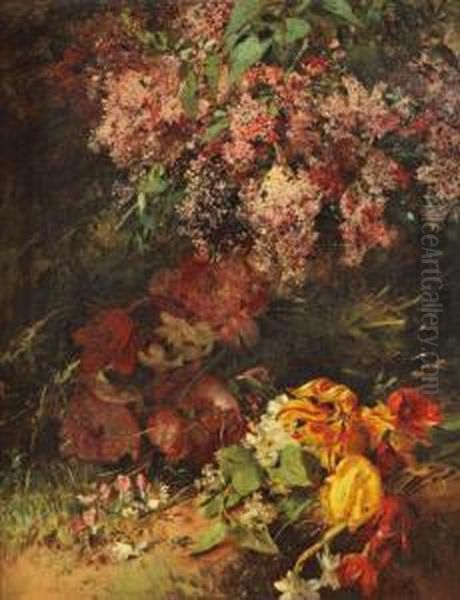 Composition Aux Lilas, Pivoines Et Tulipes Perroquet Oil Painting by Anna Peters