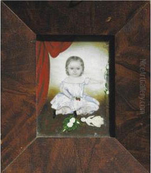 A Miniature Portrait Of A Little Girl With Strawberries, Roses, Bird Cage And Doll by Clarissa Peters