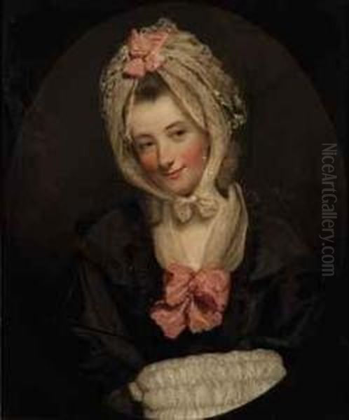 Portrait Of A Lady, Bust-length, In A Black Dress, With Lace Muffand Headdress, Decorated With Pink Bows, Feigned Oval Oil Painting by Matthew William Peters