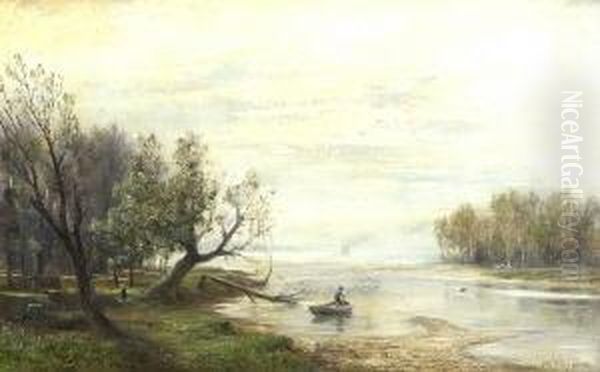 Flusslandschaft Mit
 Fischer. Oil Painting by Otto Seraphim Peters