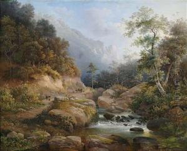 Mountainous River Landscape With Staffage Figures Oil Painting by Pieter Francis Peters