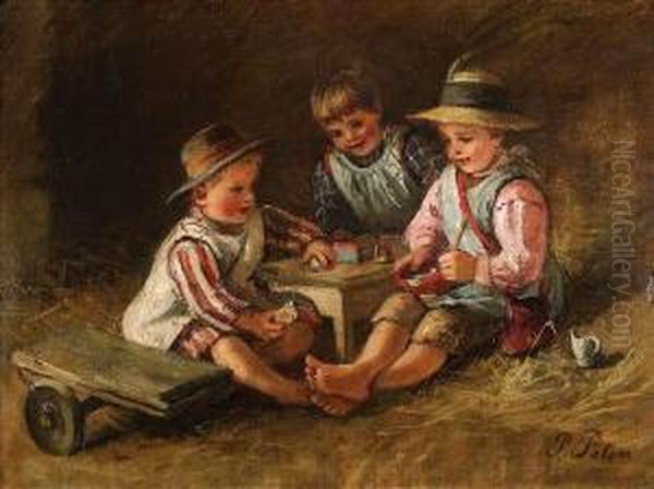 Threechildren Playing At A Small Table Oil Painting by Pietronella Peters