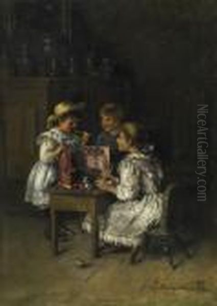 Three Children With Their Play-kitchen. Signed Bottom Right: Pietronella Peters Oil Painting by Pietronella Peters