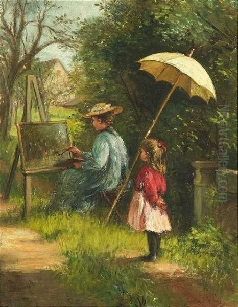 A Young Girl Is Watching Her Oil Painting by Pietronella Peters