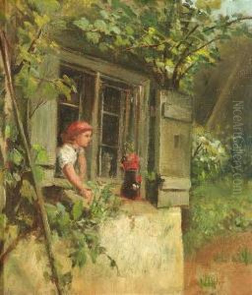 A Young Girl With A Red Headscarf At A Window Oil Painting by Pietronella Peters