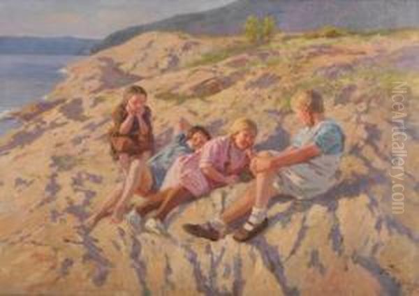 Piker Pa Svaberget Oil Painting by Wilhelm Peters