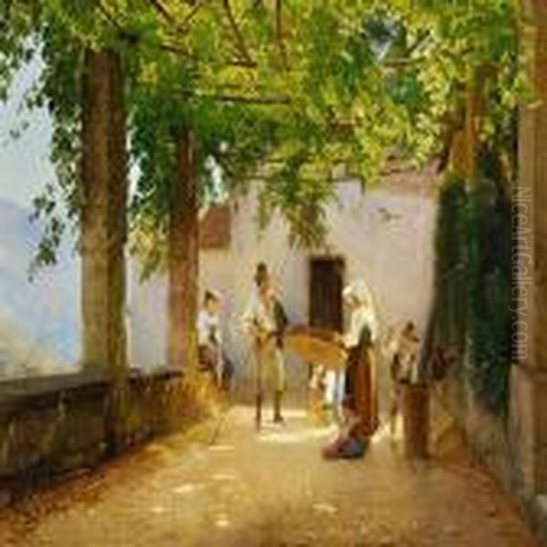 Kornet Renses Paa En Loggia Oil Painting by Edvard Frederik Petersen