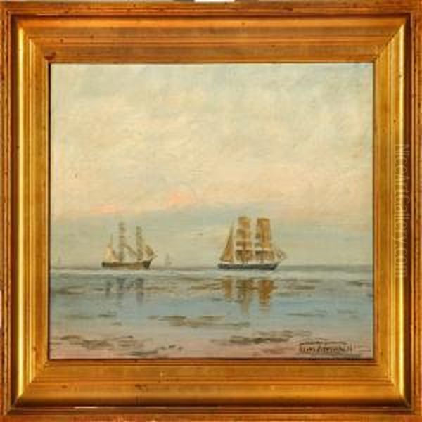 Marine With Sailingships In Calm Weather, Presumably From Drogden Oil Painting by Elias Petersen