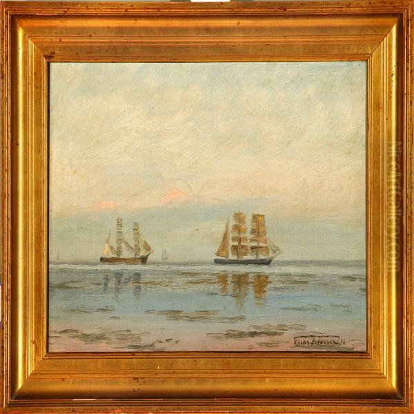 Marine With Sailing Ships In The Great Sound In Calm Weather Oil Painting by Elias Petersen