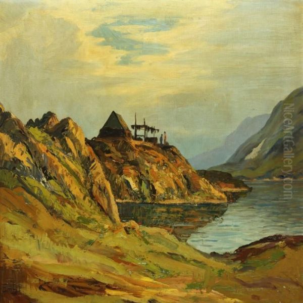 Greenlandic Landscape With Sealers By House Oil Painting by Emanuel A. Petersen