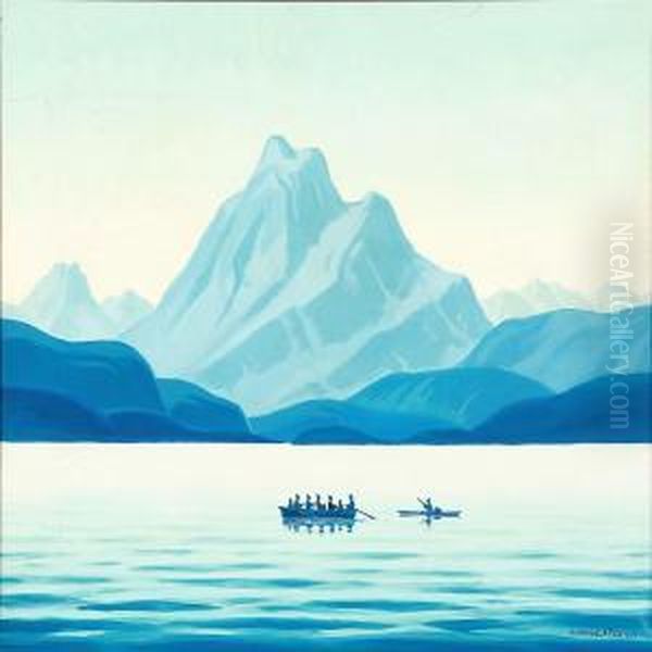 View From Greenland With Inuits In Boats Oil Painting by Emanuel A. Petersen