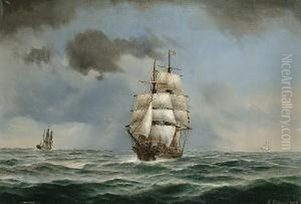 A Merchantman Under Full Sail Oil Painting by Heinrich And. Sophus Petersen