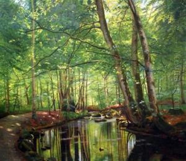 Woodland Stream Oil Painting by Julius Hans Henrik Petersen