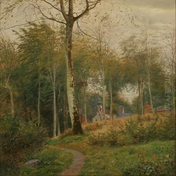 Houses And A Path In The Woods Oil Painting by Julius Hans Henrik Petersen