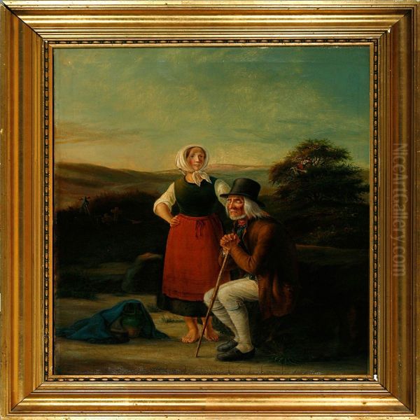 An Elderly Gentleman And A Younger Woman Are Resting At St. Helene Spring Outside Tisvildeleje Oil Painting by Magnus Petersen