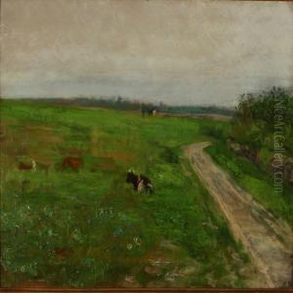 Grazing Cattle At A Sunken Road, 
Summer Oil Painting by Sophie Petersen