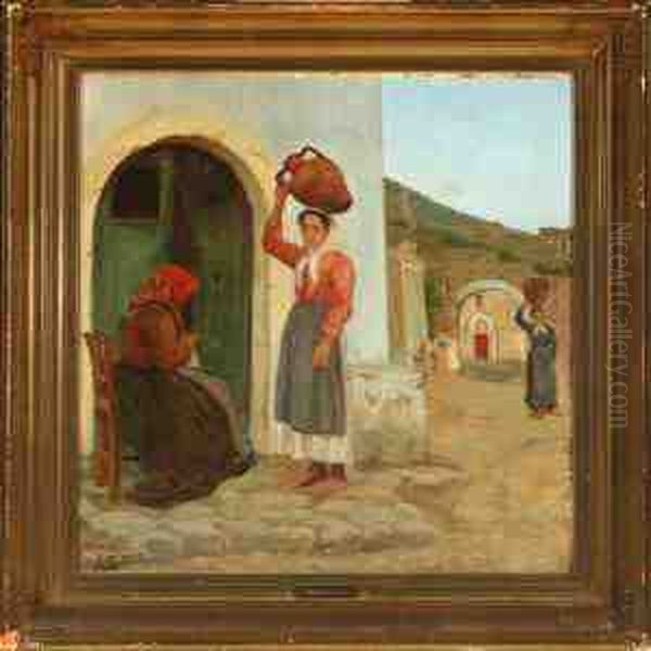 Italian Village Scenery With Women Fetching Water By The Well Oil Painting by Sophie Petersen