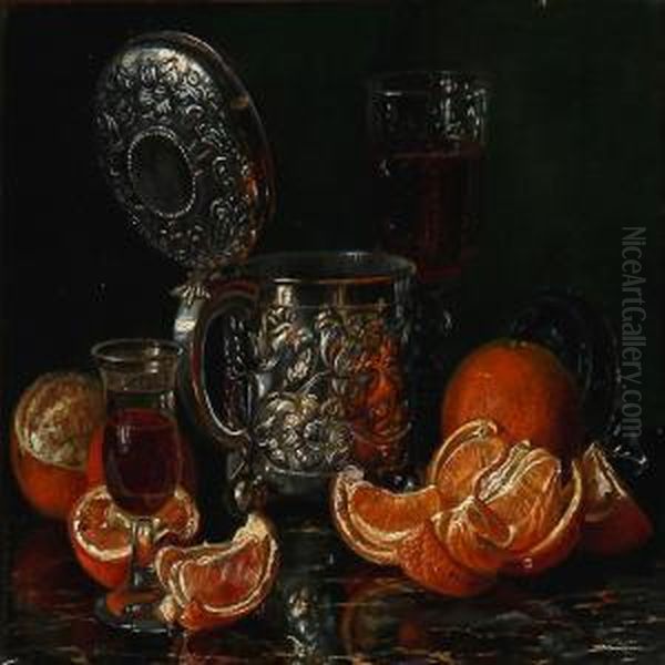 Still Life With Wine Glasses, Oranges And A Silver Cup Oil Painting by Sophus Petersen