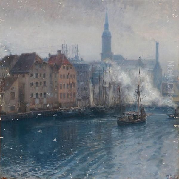 Mod Kristianshavn Ved Knippelsbro Set Fra Gammelholm Oil Painting by Tom Petersen