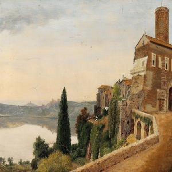 Italian Landscape With The Village Nemi Overlooking Lago Di Nemi Oil Painting by Vilhelm Peter Carl Petersen