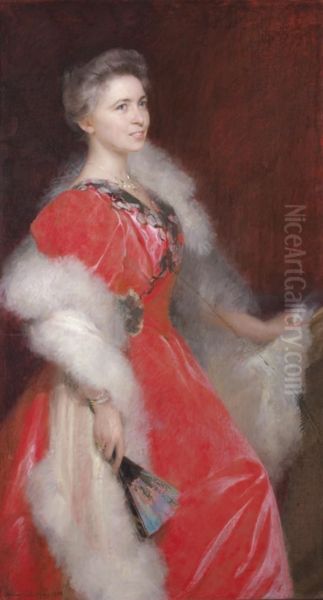 Portrait De Femme En Rouge Oil Painting by Walter Petersen