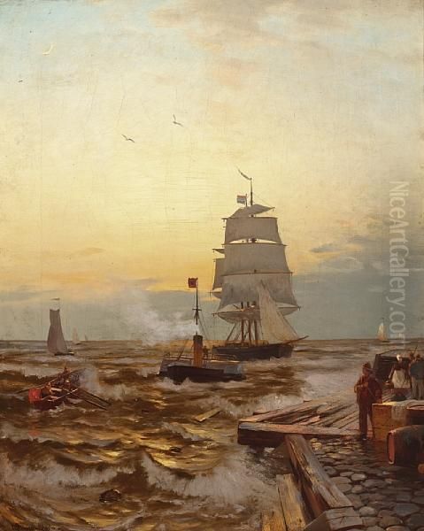 Off Ostend Pier Oil Painting by Heinrich Petersen-Angeln