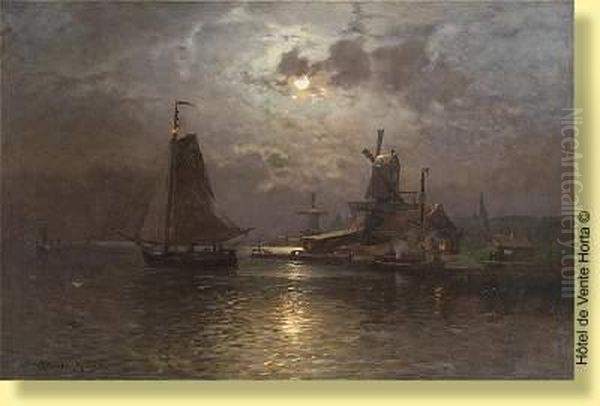 Lever De Lune Sur L'estuaire Oil Painting by Heinrich Petersen-Angeln