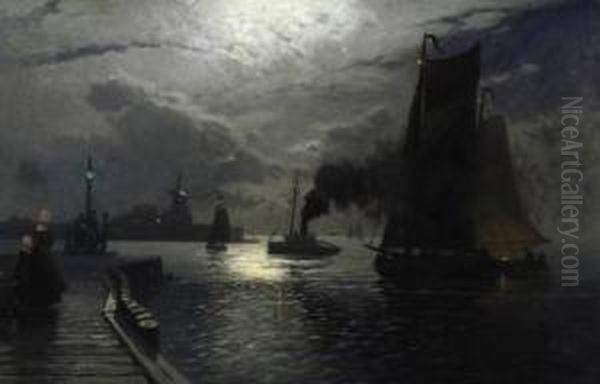 Moonlit Vlissingen. Signed Lower Left: H. Petersen-angeln Oil Painting by Heinrich Petersen-Angeln