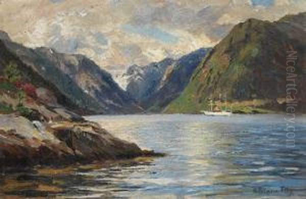 Norwegischer Fjord Mit Weiser Segel-dampfyacht Oil Painting by Heinrich Petersen-Flensburg